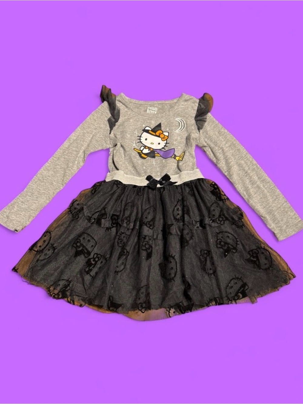 Hello Kitty Gray & Black purple Tulle Halloween Dress Girls Kids witch 4T
